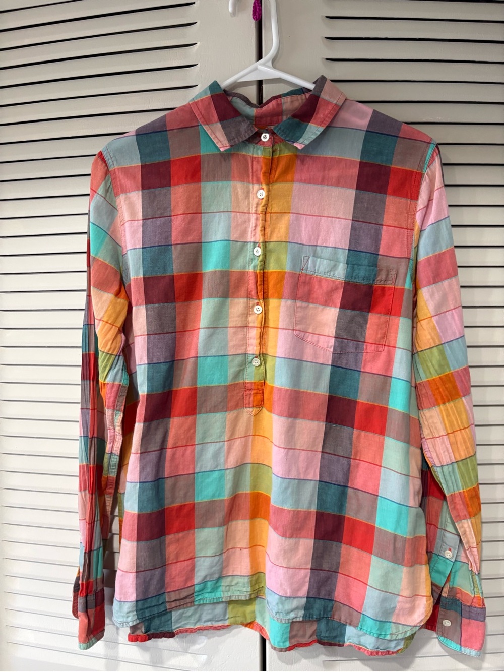 J. Crew Multicolor Plaid Button-Down Shirt with Teal and Coral